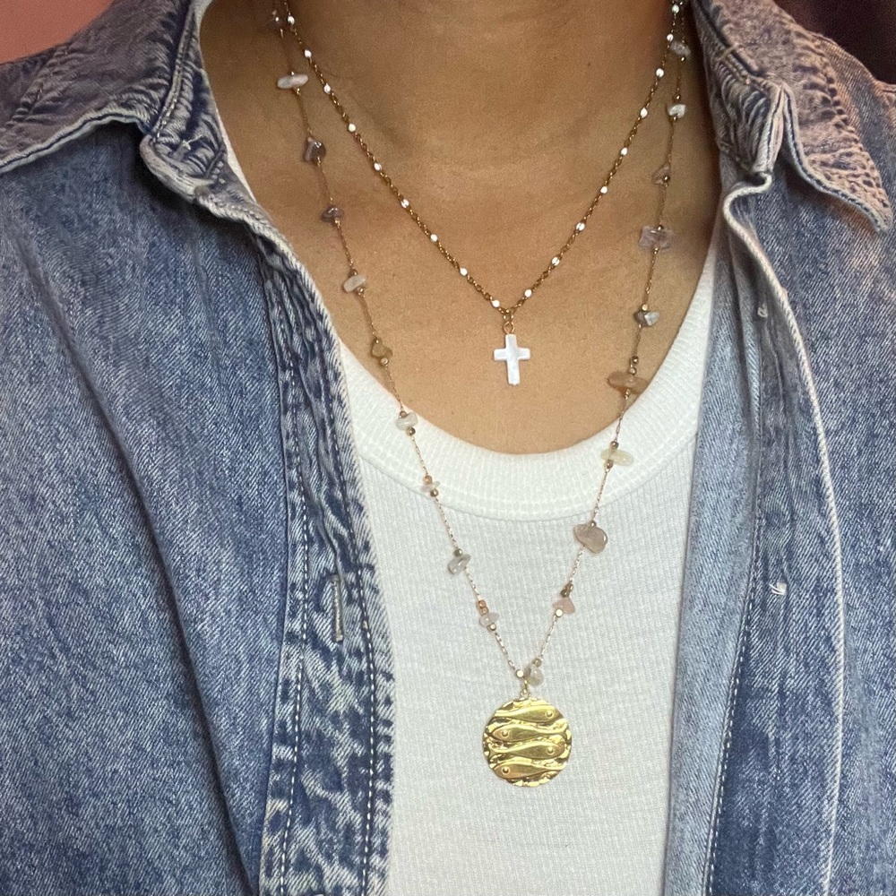 Spring/Summer 26’ Fish Medallion Natural Stone, White Enamel Beaded Chain - Picture 1 of 3